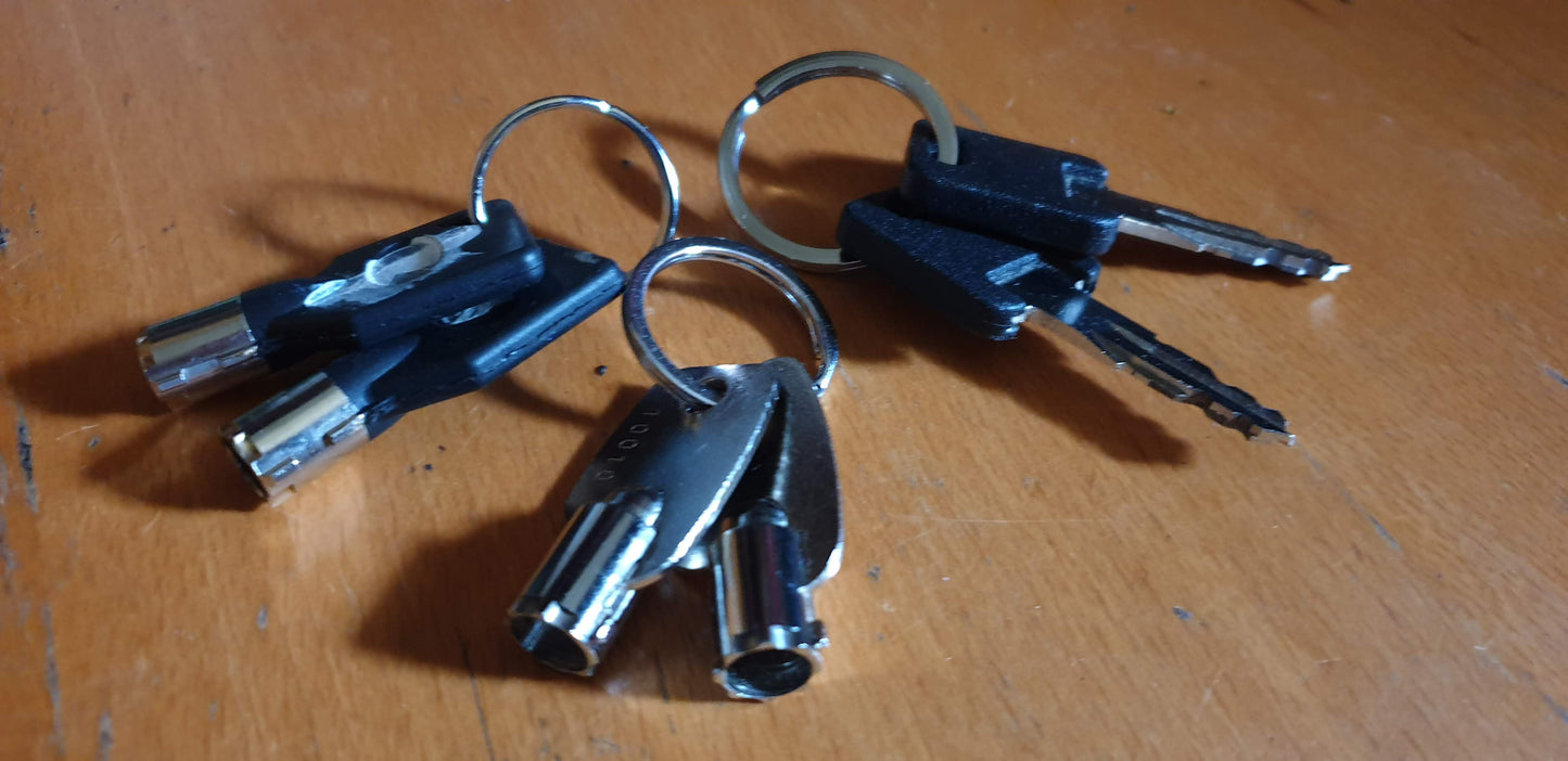 Two door keys, two trailer ball joint lock keys and two trailer wheel lock keys