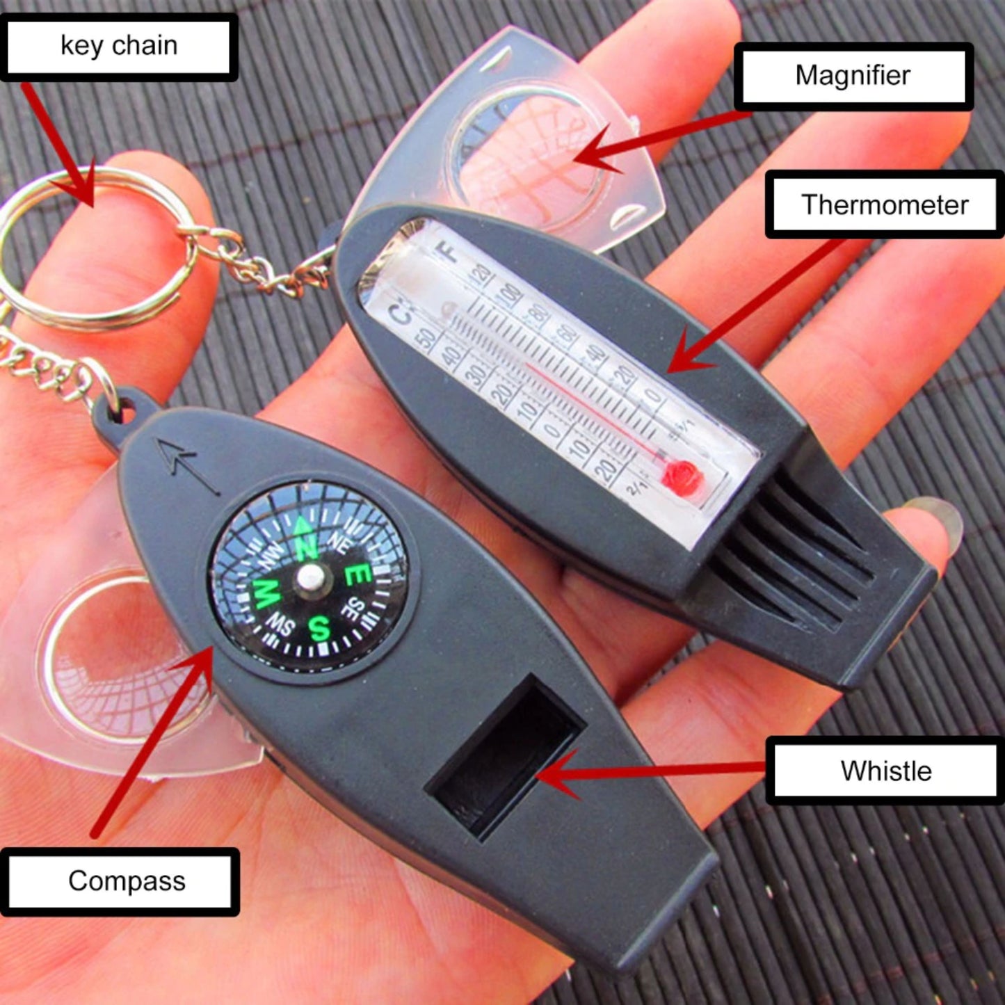 EDC Compass Whistle Thermometer Magnifier 4 in 1 Survival Emergency Camping